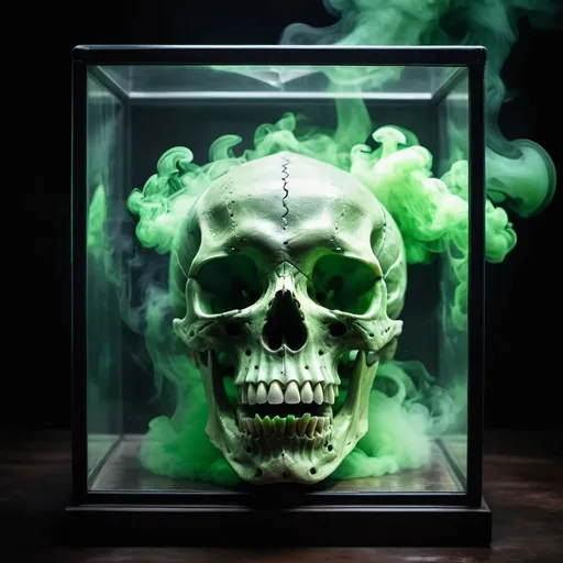 Prompt: A picture of a dragon skull inside a glass box in the middle of a terrifying atmosphere, toxic green smoke, high contrast and sharp lighting.  