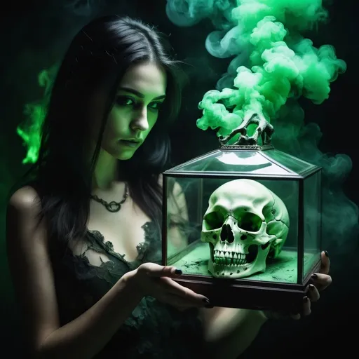 Prompt: A picture of a very beautiful girl holding a hand dragon skull inside a glass box in the middle of a terrifying atmosphere, toxic green smoke, high contrast and sharp lighting