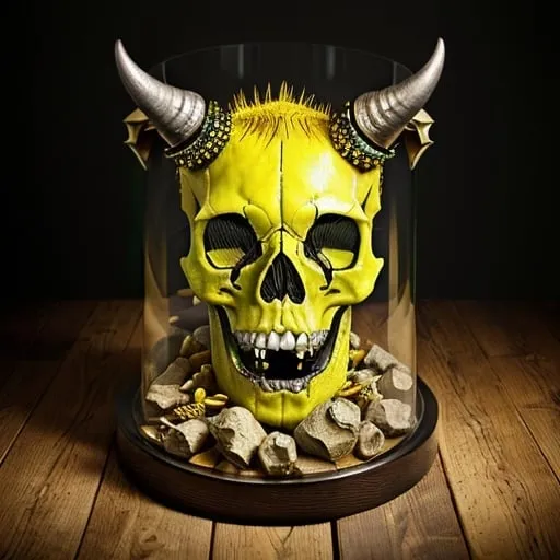 Prompt: A skull with large fangs and a large horn inside a cylindrical glass box, from which emerges a poisonous yellow oat. Bright colors combined with yellow and green, high contrast.  Silver spikes on the edges, red gas coming out of the eyes, and gold teeth  On a gold table and a wooden floor  