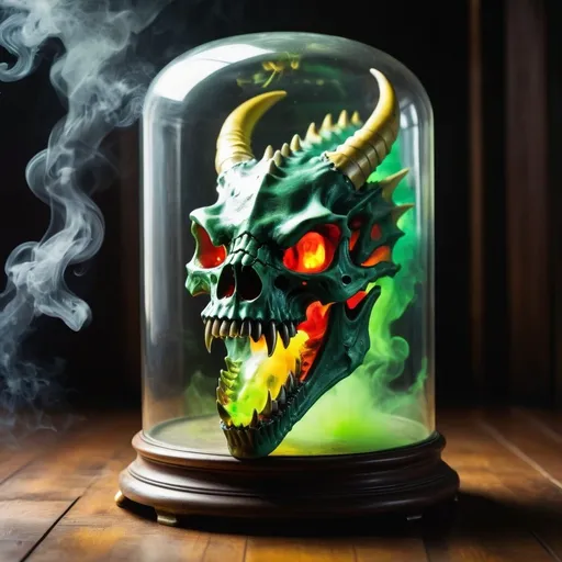 Prompt: A picture of a dragon skull inside a glass box in the middle of a terrifying atmosphere, toxic green smoke with large fangs and a large horn inside a cylindrical glass box, from which emerges a poisonous yellow oat. Bright colors combined with yellow and green, high contrast.  Silver spikes on the edges, red gas coming out of the eyes, and gold teeth  On a gold table and a wooden floor  