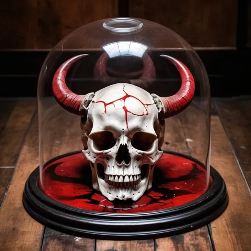 Prompt: An image of a skull carrying twelve circular horns inside a glass case stained with blood on an old, dirty board floor in a terrifying atmosphere combined with red and black with high contrast and sharp colors.  