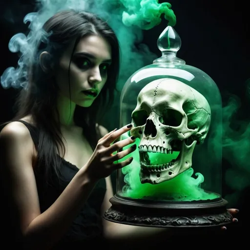 Prompt: A picture of a very beautiful girl holding a hand dragon skull inside a glass box in the middle of a terrifying atmosphere, toxic green smoke, high contrast and sharp lighting