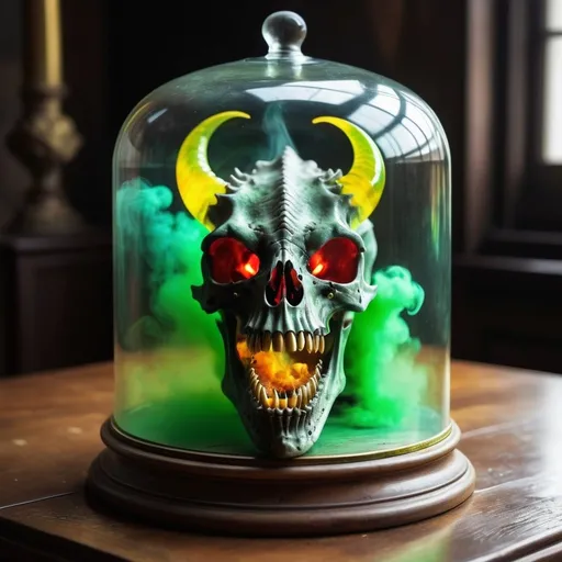 Prompt: A picture of a dragon skull inside a glass box in the middle of a terrifying atmosphere, toxic green smoke with large fangs and a large horn inside a cylindrical glass box, from which emerges a poisonous yellow oat. Bright colors combined with yellow and green, high contrast.  Silver spikes on the edges, red gas coming out of the eyes, and gold teeth  On a gold table and a wooden floor  