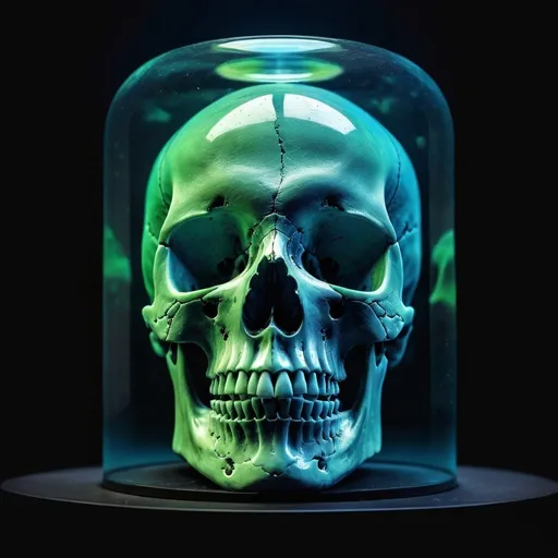 Prompt: An image of a human skull inside a small cylindrical glass box surrounded by a mixture of green and blue colors with high contrast and realistic visual effects.   