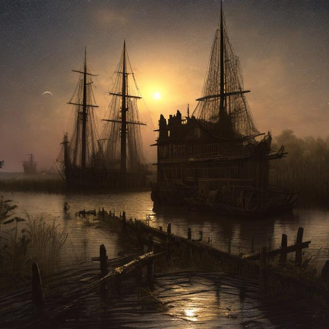 Prompt: riverside wooden palisade in a swamp at nighttime. a ship and small boats at anchor
