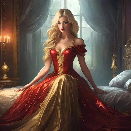 Prompt: A gorgeous blonde princess with a gorgeous face with beautiful makeup sitting on her bed wearing an hourglass red and gold silk dress.