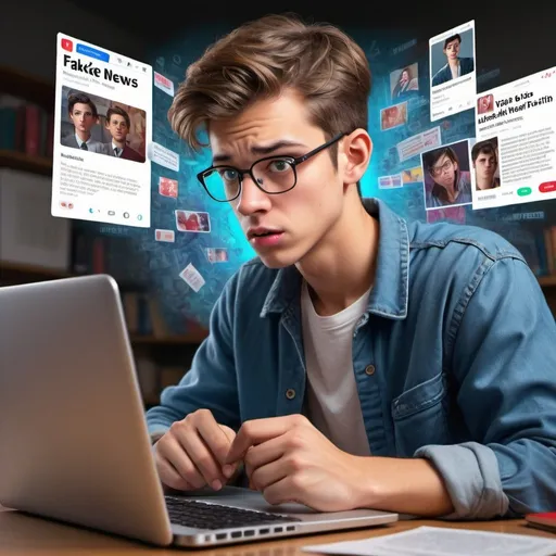 Prompt: Male student debunking fake news on social media, digital illustration, realistic laptop screen, intense focus, expressive facial features, modern student setting, high quality, detailed realism, digital art, bright and vibrant colors, natural lighting