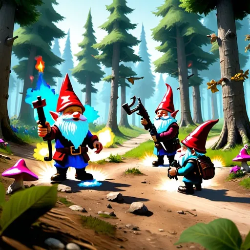 Prompt: gnomes using an fun colored SMG to   kill the knights,in a forest, 3V3, 13 meters away from the gnome safety center