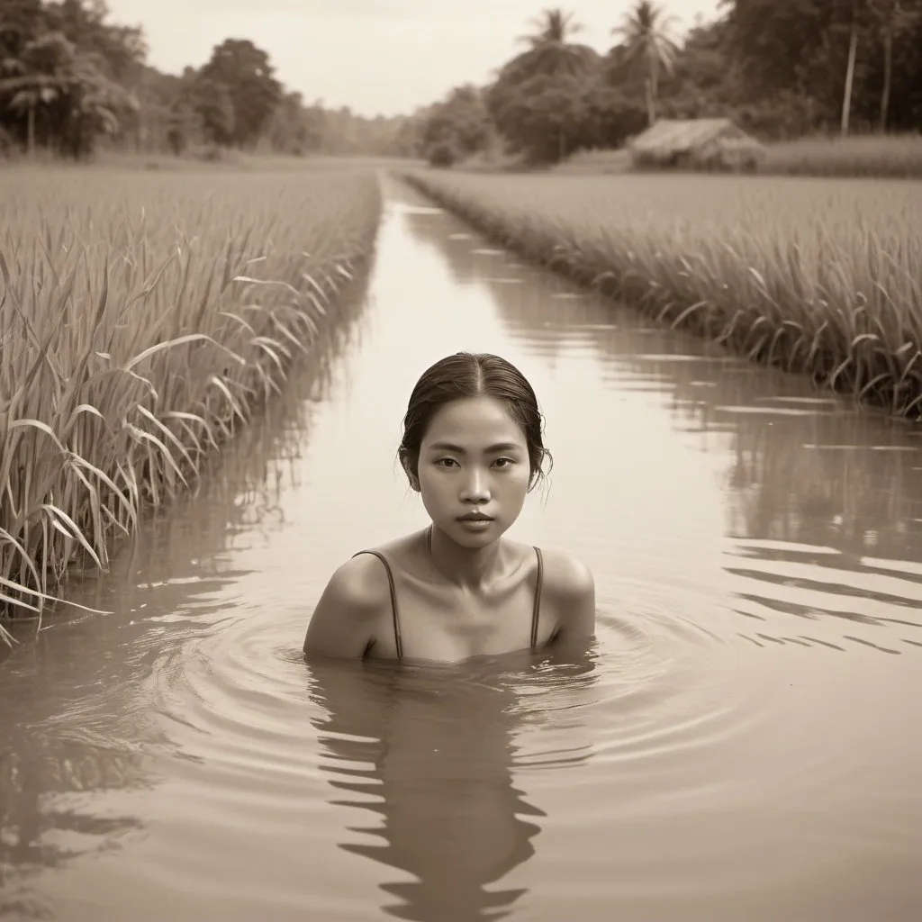 Prompt: Girl swimming in river near rice field, late 1890 Thailand, sepia, rural setting, high quality, detailed water reflections, traditional clothing, vintage swimwear, serene atmosphere, historical, late 19th century, sepia tones, rural landscape, detailed facial features, atmospheric lighting