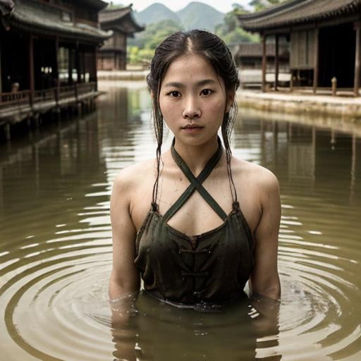 Prompt: Retro-style, struggling swimming posture,1886,Chinese girl, wide-angle, sepia tones, narrow river, green rice fields, vintage, distressed look, historical, detailed, serene, wide-angle view, traditional Chinese dress, detailed, serene gaze, struggling pose, sepia tones, nostalgic vibe, detailed scenery, professional, vintage photography