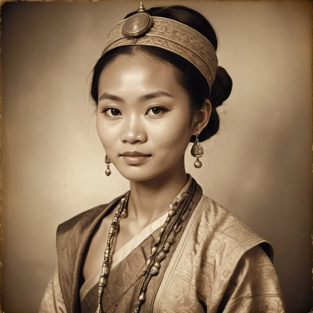 Prompt: Ancient Burmese person in traditional clothing, sepia vintage photo, old-style hairstyle, studio setting, detailed patterns on clothing, traditional accessories, authentic vintage look, high quality, sepia tones, vintage, detailed clothing, traditional, authentic, studio photography, old-style hairstyle, vintage sepia techniques, intricate patterns, traditional accessories, vintage atmosphere