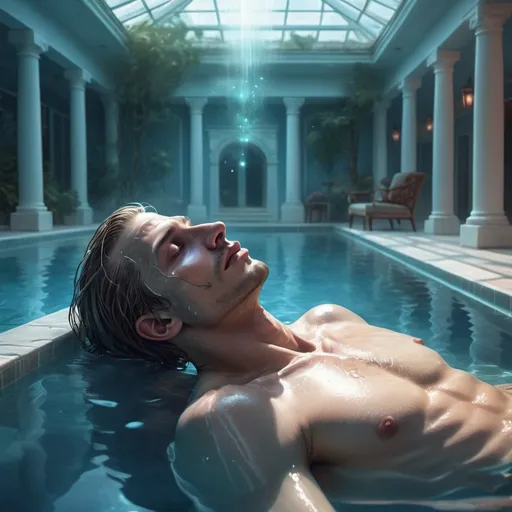 Prompt: Fantasy illustration of a mysterious scene, Russian man paralyzed lying near a luxurious swimming pool, magical ambiance, ethereal mist, enchanting glow, detailed facial features, high-quality, fantasy, mysterious, paralyzed man, luxurious swimming pool, magical ambiance, ethereal mist, enchanting glow, detailed facial features