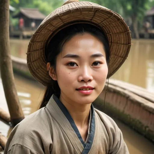 Prompt: Use this picture to made a picture of Chinese woman in late 1886 struggling in a canal, warm and delightful atmosphere, countryside Thailand, traditional painting, detailed clothing, muddy swamp, serene expression, historic, vintage, warm tones, rural setting, graceful movement, traditional attire, nature surroundings, high-res, detailed, historical, countryside, traditional, warm lighting