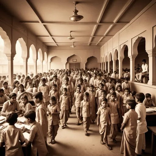 Prompt: Wide-angle sepia illustration of a bustling Indian school, retro vibes, boys and girls in traditional attire, dusty atmosphere, nostalgic ambiance, vintage architecture, vibrant crowd, sepia, wide-angle, nostalgic, retro, Indian school, bustling, traditional attire, dusty atmosphere, vibrant crowd, vintage architecture, professional, sick atmosphere