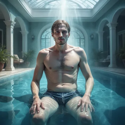 Prompt: Fantasy illustration of a mysterious scene, Russian man paralyzed near a luxurious swimming pool, magical ambiance, ethereal mist, enchanting glow, detailed facial features, high-quality, fantasy, mysterious, paralyzed man, luxurious swimming pool, magical ambiance, ethereal mist, enchanting glow, detailed facial features