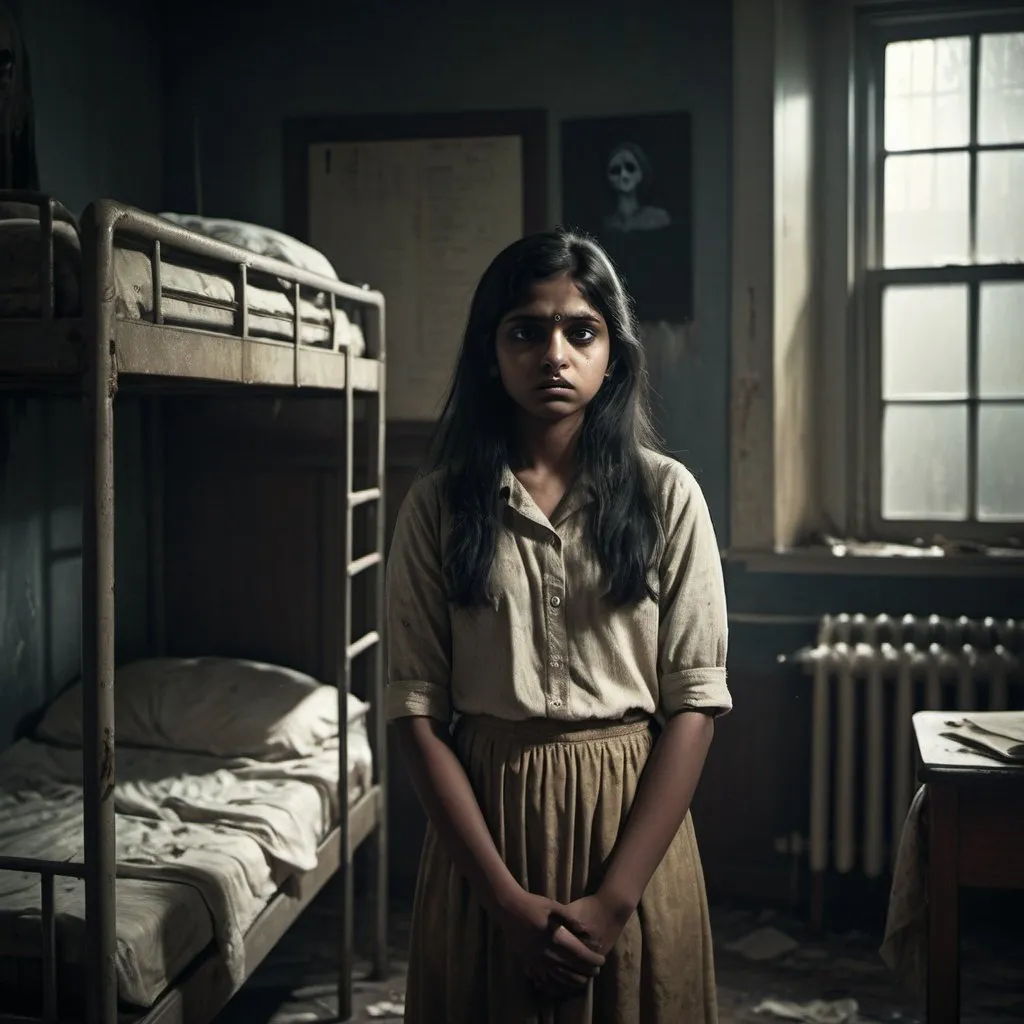 Prompt: Indian girl, vintage student, dirty dorm, sorrow atmosphere, scary ghost, highres, vintage, sorrowful, horror, detailed, dark tones, haunting lighting