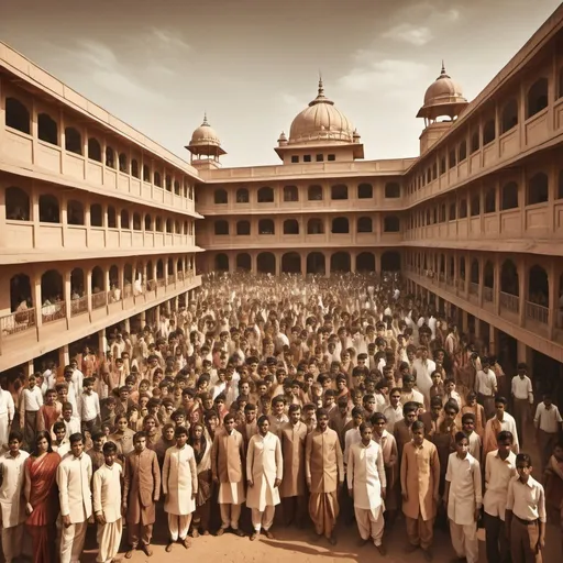 Prompt: Wide-angle sepia illustration of a bustling Indian school, retro vibes, boys and girls in traditional attire, dusty atmosphere, nostalgic ambiance, vintage architecture, vibrant crowd, sepia, wide-angle, nostalgic, retro, Indian school, bustling, traditional attire, dusty atmosphere, vibrant crowd, vintage architecture, professional, sick atmosphere