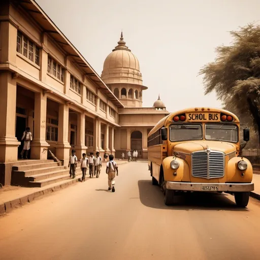 Prompt: Indian road in school, retro sepia theme, wide angle, high quality, professional, atmospheric lighting, vintage, detailed architecture, nostalgic, warm tones, school bus, children playing, busy street, wide perspective, sepia, iconic, classic, urban landscape, busy atmosphere