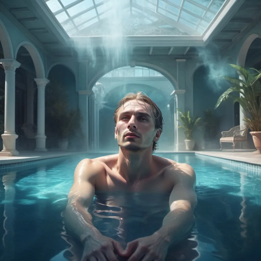 Prompt: Fantasy illustration of a mysterious scene, Russian man paralyzed lying near a luxurious swimming pool, magical ambiance, ethereal mist, enchanting glow, detailed facial features, high-quality, fantasy, mysterious, paralyzed man, luxurious swimming pool, magical ambiance, ethereal mist, enchanting glow, detailed facial features