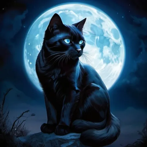 Prompt: Fantasy illustration of a majestic black cat, deep blue and glowing moon, mystical night setting, detailed fur with magical highlights, intense and mysterious gaze, best quality, highres, fantasy, detailed eyes, enchanting, atmospheric lighting, moonlit, mysterious