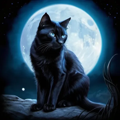 Prompt: Fantasy illustration of a majestic black cat, deep blue and glowing moon, mystical night setting, detailed fur with magical highlights, intense and mysterious gaze, best quality, highres, fantasy, detailed eyes, enchanting, atmospheric lighting, moonlit, mysterious