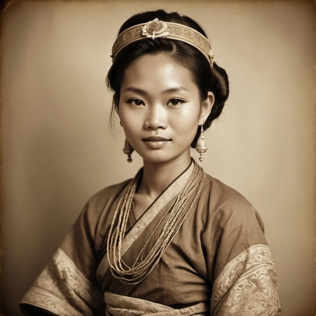Prompt: Ancient Burmese person in traditional clothing, sepia vintage photo, old-style hairstyle, studio setting, detailed patterns on clothing, traditional accessories, authentic vintage look, high quality, sepia tones, vintage, detailed clothing, traditional, authentic, studio photography, old-style hairstyle, vintage sepia techniques, intricate patterns, traditional accessories, vintage atmosphere