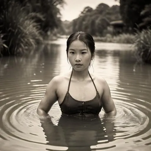 Prompt: Retro-style, struggling swimming posture,1886,Chinese girl, wide-angle, sepia tones, narrow river, green rice fields, vintage, distressed look, historical, detailed, serene, wide-angle view, traditional Chinese dress, detailed, serene gaze, struggling pose, sepia tones, nostalgic vibe, detailed scenery, professional, vintage photography