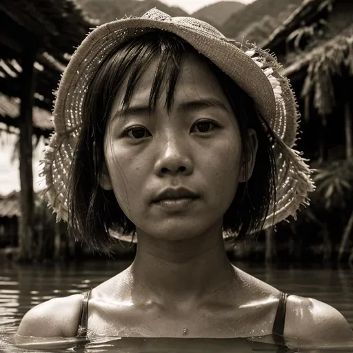 Prompt: Rural Chinese girl struggling to swim in a narrow river, 1886, retro sepia, high quality, detailed, green fields, Thai rural house, rural, vintage, struggle, detailed water, sepia tones, historical, traditional dress, rural scenery, intense emotion, atmospheric lighting