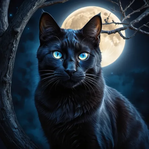 Prompt: Fantasy illustration of a majestic black cat, deep blue and glowing moon, mystical night setting, detailed fur with magical highlights, intense and mysterious gaze, best quality, highres, fantasy, detailed eyes, enchanting, atmospheric lighting, moonlit, mysterious ,change branching in to metallic material 