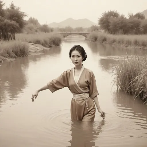 Prompt: Chinese woman, retro, sepia, swimming in river, ancient rural area, putting on clothes, 1988, HD, detailed, detailed hair, detailed face, retro style, rural setting, sepia tones, vintage fashion, serene atmosphere, traditional, scenic, ancient, natural, detailed eyes