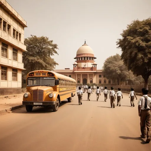 Prompt: Indian road in school, retro sepia theme, wide angle, high quality, professional, atmospheric lighting, vintage, detailed architecture, nostalgic, warm tones, school bus, children playing, busy street, wide perspective, sepia, iconic, classic, urban landscape, busy atmosphere