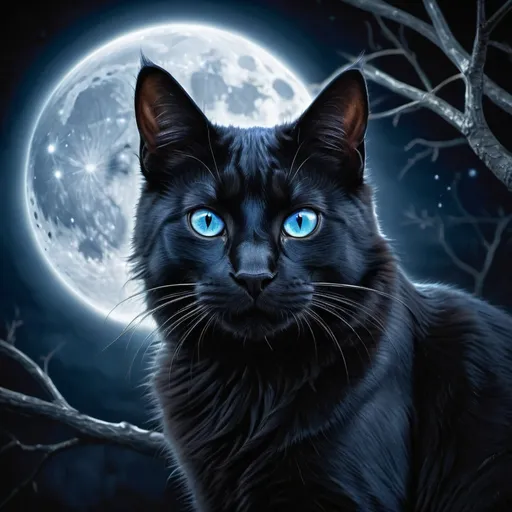 Prompt: Fantasy illustration of a majestic black cat, deep blue and glowing moon, mystical night setting, detailed fur with magical highlights, intense and mysterious gaze, best quality, highres, fantasy, detailed eyes, enchanting, atmospheric lighting, moonlit, mysterious ,change branching in to metallic material 