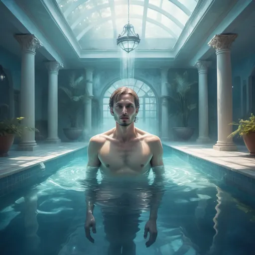 Prompt: Fantasy illustration of a mysterious scene, Russian man paralyzed near a luxurious swimming pool, magical ambiance, ethereal mist, enchanting glow, detailed facial features, high-quality, fantasy, mysterious, paralyzed man, luxurious swimming pool, magical ambiance, ethereal mist, enchanting glow, detailed facial features