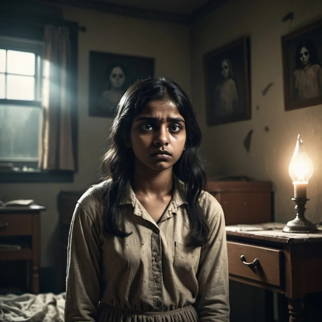 Prompt: Indian girl, vintage student, dirty dorm, sorrow atmosphere, scary ghost, highres, vintage, sorrowful, horror, detailed, dark tones, haunting lighting