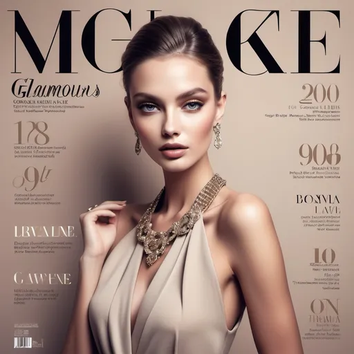 Prompt: High-end fashion magazine cover, (stylish model) posing confidently, glamorous high-fashion outfit, elegant accessories, captivating facial features, soft lighting with a luxurious feel, muted color palette, chic background with designer elements, (ultra-detailed) composition, trendy layouts, dramatic title typography, (magazine within a magazine aesthetic).