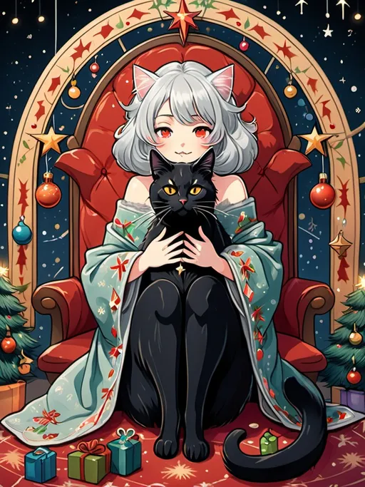 Prompt: tarot card Anime illustration, a silver-haired woman, detailed ornate cloth robe, dramatic lighting A whimsical illustration of a fluffy black cat sitting upright, designed like a Christmas tree. The cat's fur is tangled with colorful string lights and small decorative ornaments glowing softly. On the cat's head rests a small red star, mimicking a Christmas tree topper. The background shows a cozy, lightly textured wall with a diamond-patterned wallpaper, and the wooden floor beneath adds a warm feel. The entire scene has a playful and artistic style, using thick brushstrokes that give a painterly, slightly humorous impression.