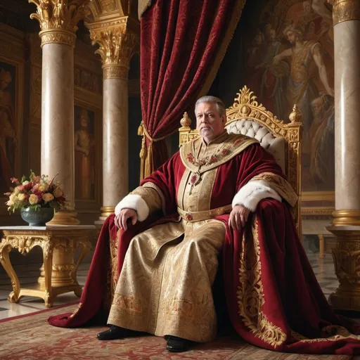 Prompt: A majestic king stands proudly on a grand throne, adorned in opulent royal attire. His ornate crown, encrusted with precious gems, glistens under the soft glow of chandeliers. The king's luxurious robe, woven with gold and crimson threads, drapes elegantly around him, and his scepter, a symbol of power, rests firmly in his hand. The background features a lavish palace hall with tall, intricate columns and rich tapestries. The scene is painted in a classic oil painting style, capturing every detail with rich, vibrant colors and dramatic lighting that highlights the king's noble and commanding presence.