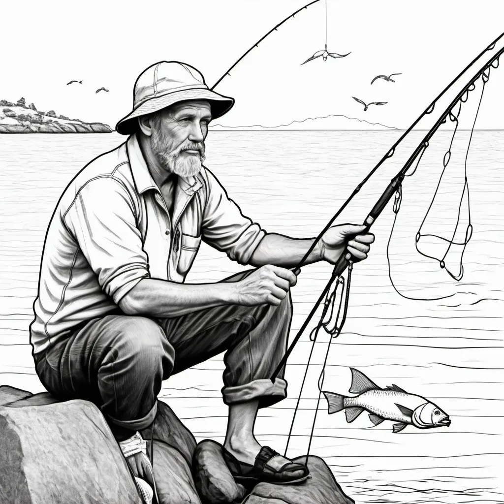 Prompt: simple colouring in page for a fisherman black and white lines
