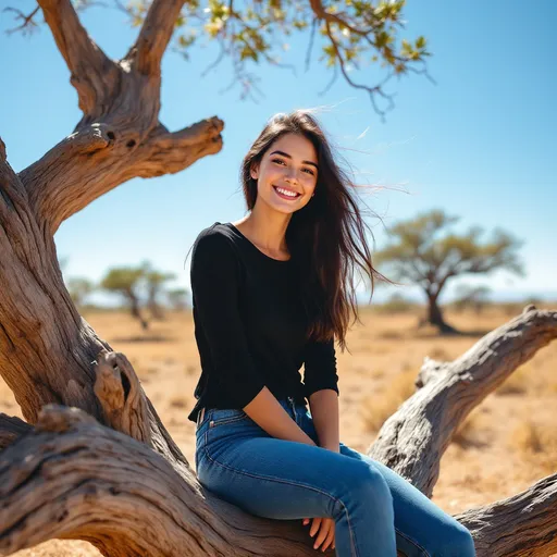 Prompt: Basking in the warm sunlight, a young woman sits gracefully on a gnarled tree trunk, her long dark hair playfully tousled by a gentle breeze. She is dressed casually in a black top and fitted blue jeans, exuding a relaxed charm as she smiles warmly at the camera. The backdrop features a sprawling, sunlit landscape dotted with sparse trees, hinting at a rural or semi-arid setting under a clear blue sky, suggesting midday brightness. The composition captures a blend of natural beauty and serene tranquility, focusing on the subject while the earthy tones of the terrain enhance the vibrancy of her outfit. The image conveys a moment of joy and connection with nature, inviting viewers to share in the warmth of the day.