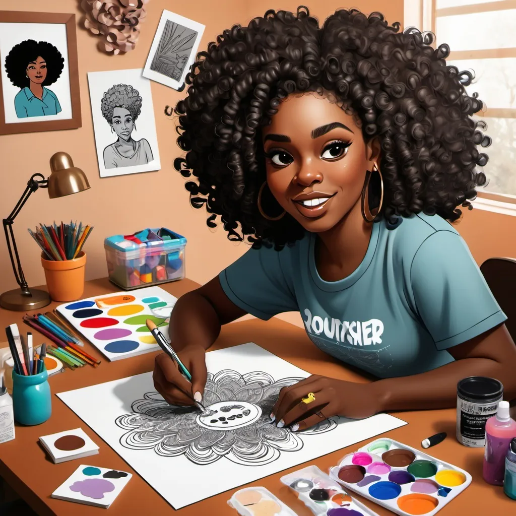 Prompt: a black woman with curls creating a custom piece of art over a table with supplies spread over the table as a cartoon