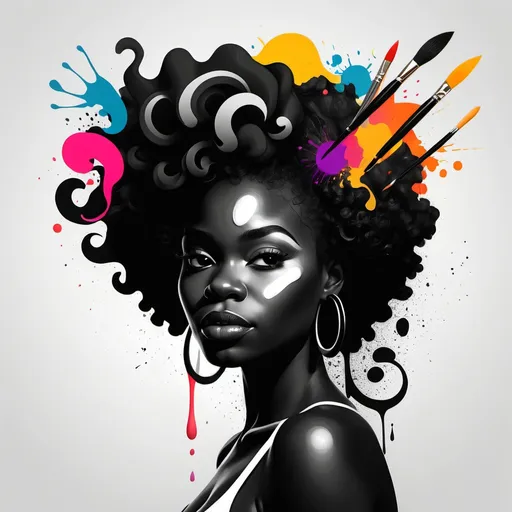 Prompt: Can you create a front facing silhouette abstract logo of  a black woman in black and white with different art tools replacing her curls as splashes of color