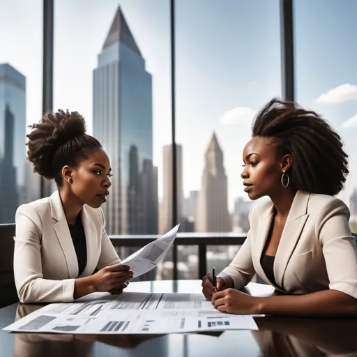 Prompt: Can you create an image of two black women in a corporate setting in the middle of a meeting with a backdrop of a city on a clear summer day with papers spread out on a table between them as they talk to each other