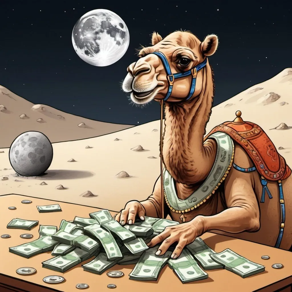 Prompt: a cartoon Camel counting a lot of money , sitting at a desk on the moon