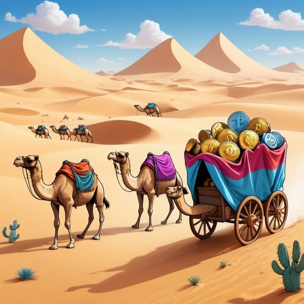 Prompt: In the vast desert landscape, three cartoon camels are leading a giant caravan of wagons. Each camel is adorned with colorful blankets and trinkets, giving them a whimsical appearance. The camels have determined expressions on their faces as they trek through the sandy dunes.

The caravan consists of several wagons, all overflowing with different cryptocurrencies. Bitcoins, represented by gold coins with the Bitcoin symbol, are spilling out of one wagon in abundance. Solana coins, depicted as shiny blue coins with the Solana logo, are scattered across another wagon. Ethereum coins, represented by silver coins with the Ethereum logo, are falling out of yet another wagon.

The desert landscape is dotted with palm trees and cacti, adding to the sense of adventure and exploration. The sky above is vast and blue, with a few fluffy clouds drifting lazily by.

Overall, the scene conveys the idea of a crypto treasure hunt in the desert, with the camels leading the way to a bounty of digital riches.