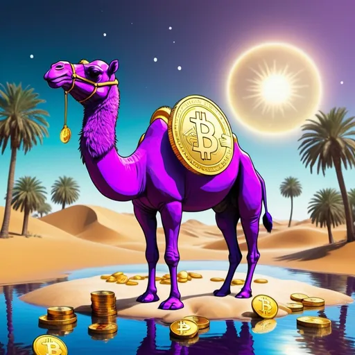 Prompt: Imagine a whimsical scene where a cartoonish purple camel, wearing a dapper top hat adorned with a colorful feather, is swimming in a large pile of bitcoins, Solana coins, and Ethereum coins.

The purple camel has a jovial expression on its face, with a mischievous twinkle in its eyes as it enjoys its dip in the digital riches. Its long neck stretches gracefully as it swims through the pile of coins, which are depicted in various shades to represent bitcoins, Solana coins, and Ethereum coins.

Bitcoins are represented by golden coins with the Bitcoin symbol, Solana coins are depicted as shiny blue coins with the Solana logo, and Ethereum coins are portrayed as silver coins with the Ethereum logo.

The pile of coins forms a shimmering sea around the camel, with waves of digital currency cascading and sparkling in the light. The background features a desert landscape with palm trees and distant sand dunes, adding to the surreal and whimsical atmosphere of the scene.

Overall, the image conveys the idea of a playful and extravagant camel enjoying its wealth in the world of cryptocurrency.