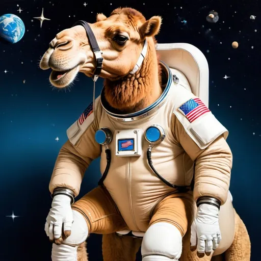 Prompt: create a picture of a cartoon Camel that is suiting up in spacesuit but camel will be having a hilarious issue of trying to get all the legs inside the suit