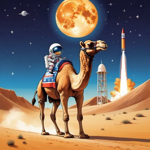 Prompt: The cartoon depicts a sandy desert landscape with a large full moon rising in the background. In the foreground, a cheerful cartoon camel, wearing a space helmet adorned with stars and stripes, walks confidently towards a sleek rocket ship positioned on a launch pad.

The rocket is painted in vibrant colors, with the name "CamelToe" emblazoned on its side in bold, playful letters. Flames burst from the rocket's engines as it prepares for liftoff, creating a sense of excitement and anticipation.

The camel's expression is one of determination and excitement as it approaches the rocket, eager to embark on its journey into space. Behind the camel, a trail of footprints marks its path through the desert sand.

Overall, the scene conveys a sense of adventure and exploration, with the camel ready to soar towards the moon on an unforgettable adventure with its trusty rocket.