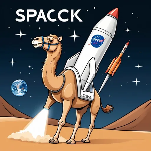 Prompt: a cartoon Camel riding a rocket that says SpaceX on the side