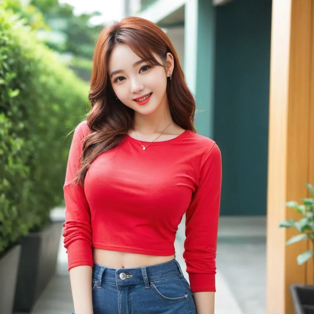 Prompt: 1girl,model pose,smirk,red shirt,navel,wide hip,curvy,(ulzzang-6500:0.5),<lora:microwaistV05:0.5>,<lora:è¢çç¾½-09:0.3>,<lora:skin_tone_slider_v1:-0.5>,<lora:curly_hair_slider_v1:2.1>,<lora:shojovibe_v11:0.4>,