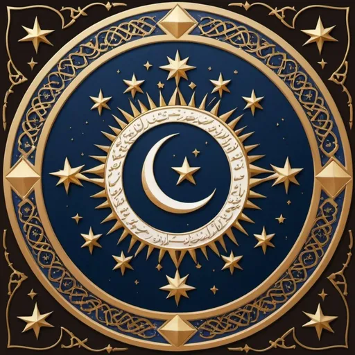 Prompt: Generate an image of the Jafri family crest, symbolizing the heritage of prominent historical spiritual figures with an emphasis on Ali ibne Abi Talib. The crest should encapsulate elements often connected with wisdom, enlightenment, and spirituality. Incorporate symbols representing Allan and divine guidance such as a sacred text of the Quran, a mythical sword echoing Zulfiqar's characteristics, 14 stars representing the Muhammad, Ali, Fatima, Hasan, Hussain, Zainulabideen, Baqir, Jaffar, Musa, Raza, Taqi, Naqi, Askari and Mahdi  and a Crescent Moon and Star.